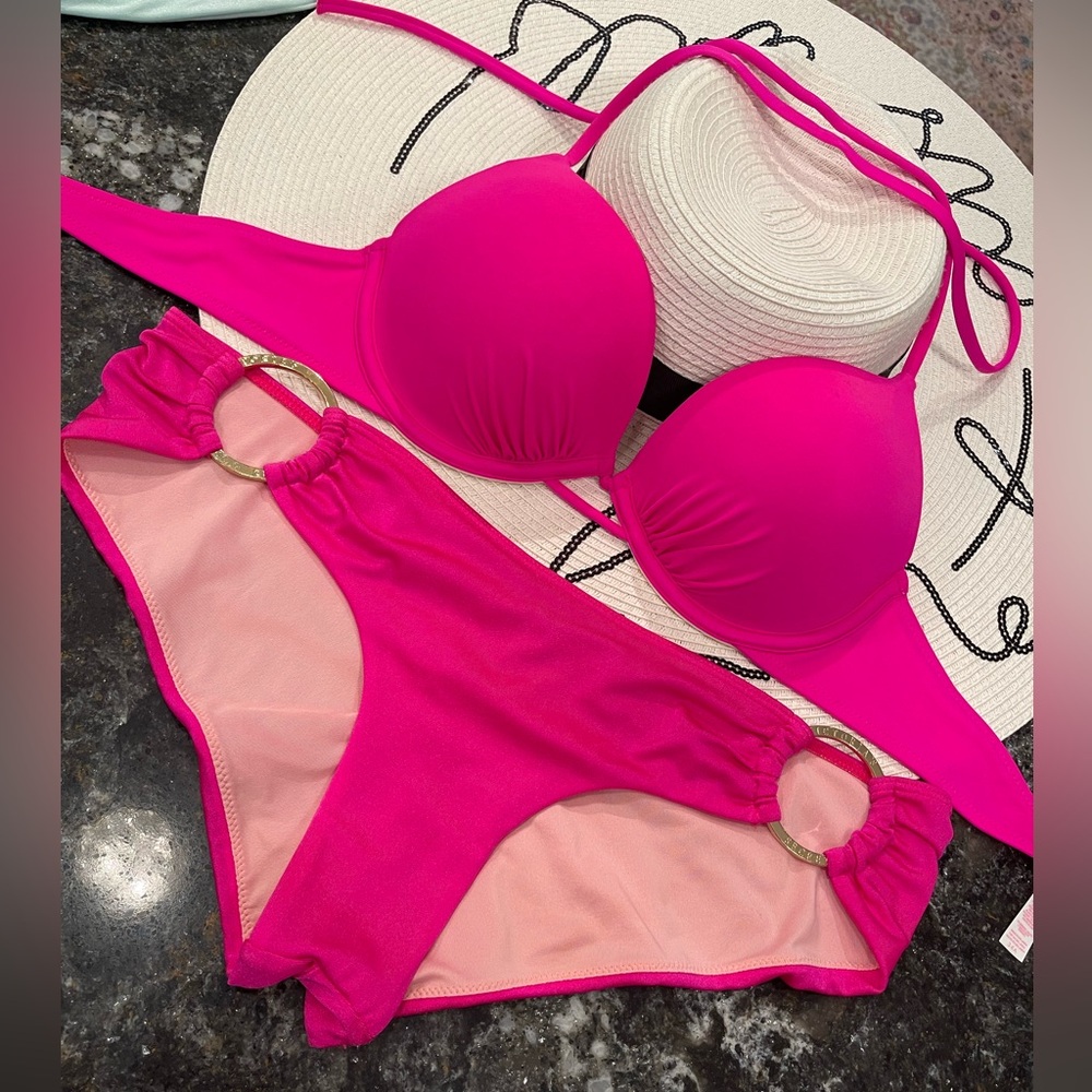 Victoria’s secret’s bikini bombshell lotus pink size 34A OR 34D and M bottoms